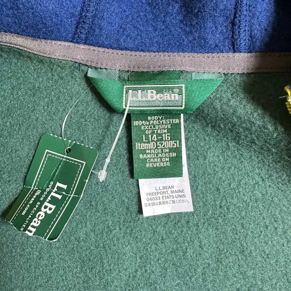 NWT LL Bean Kids Mountain Classic Fleece Hooded Jacket Colorblock Green L 14-16